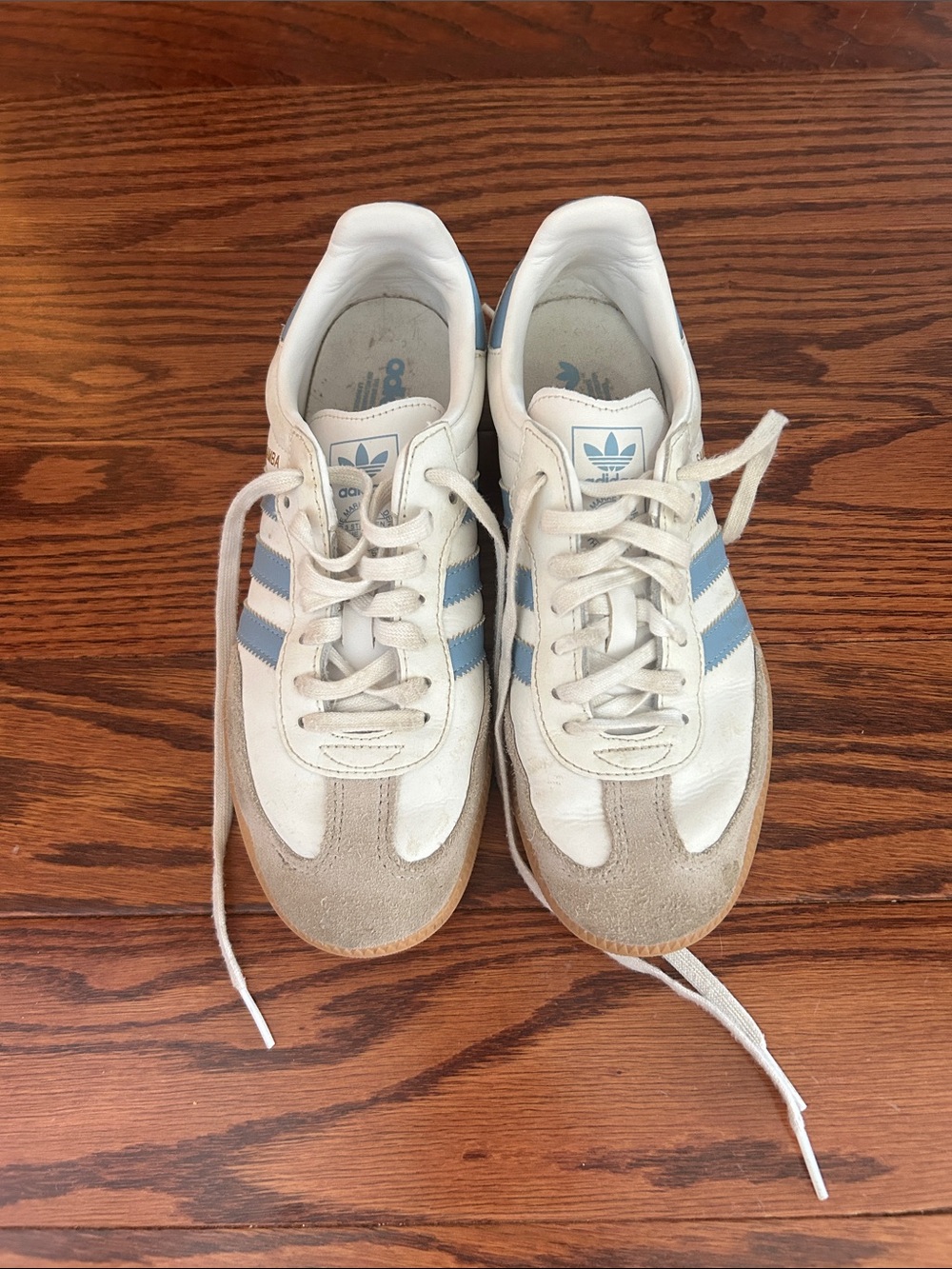 adidas Sambas Kids White Sneakers with Light Blue Stripes and Beige Suede